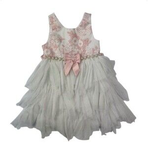 American Princess Girl’s Dress 4T White Pink Floral Tulle Pearl Bow Party